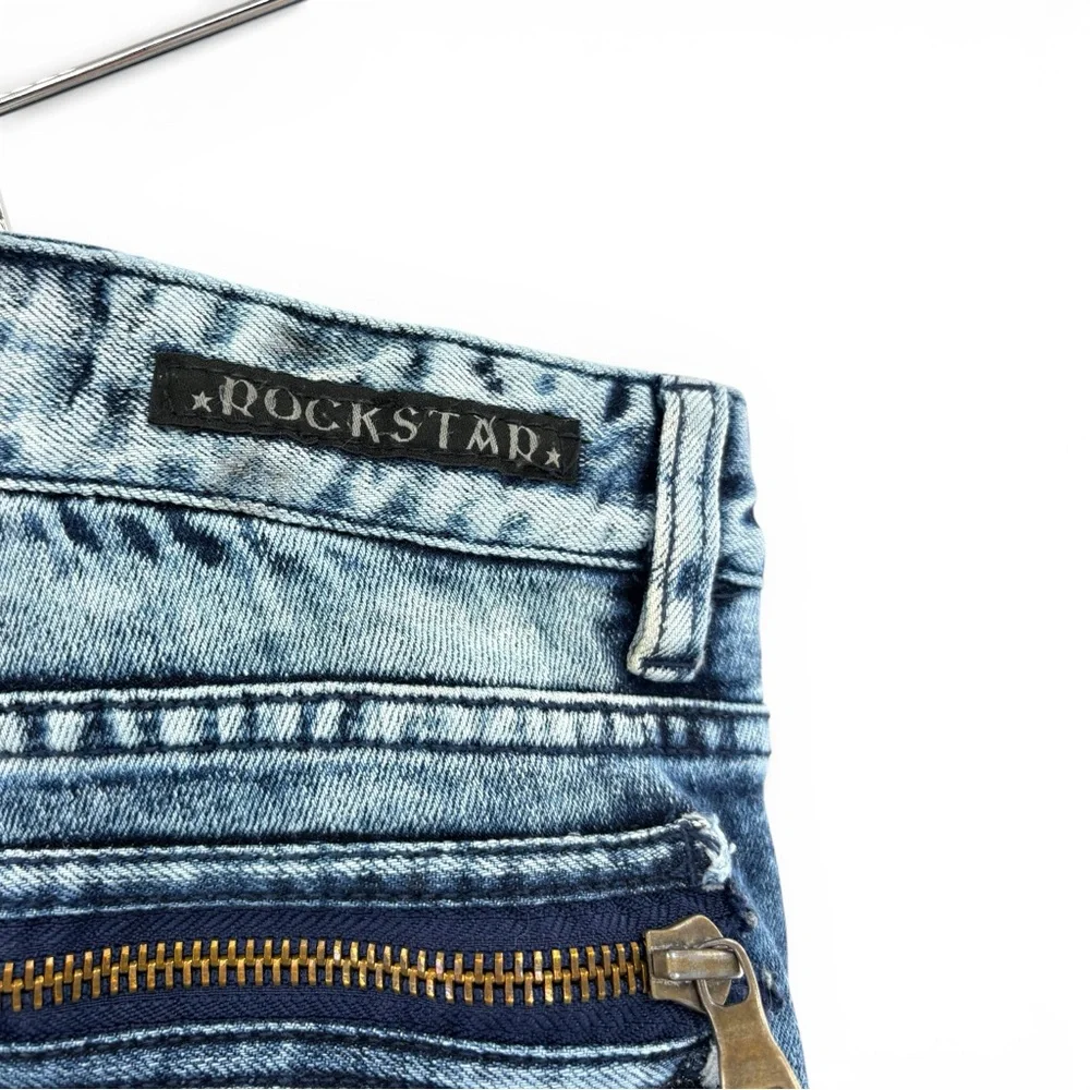 Rockstar Distressed Moto Jeans Acid Wash Zip Biker Denim 38